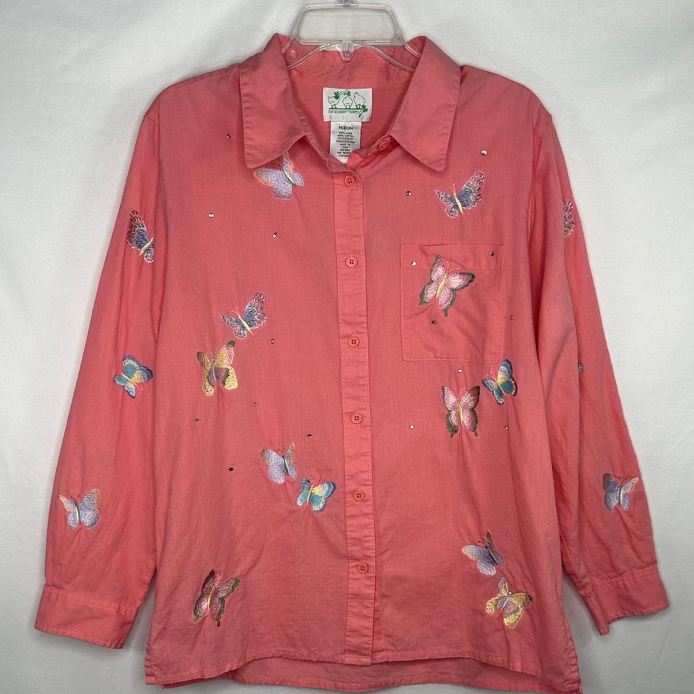 Quacker Factory Peach Pink Embroidered Sequins Butterfly Shirt Linen Cotton SzM